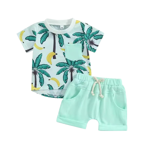 The Westley - Baby/Toddler Boy Summer Set – Beach Tree Print Crew Neck T‑Shirt & Shorts (0‑3 Years)