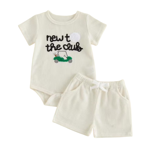The Boston - Infant/Newborn Summer Set – Golf Embroidery Crew Neck Romper + Matching Shorts 2‑Piece