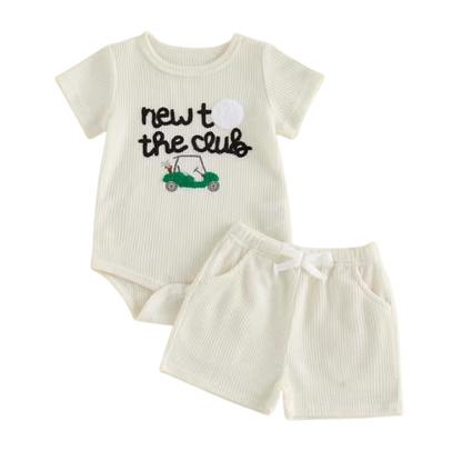The Boston - Infant/Newborn Summer Set – Golf Embroidery Crew Neck Romper + Matching Shorts 2‑Piece