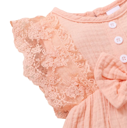 The Ollie - Newborn Baby Girl Lace Flare Sleeve Bodysuit and Headband Summer Romper Set