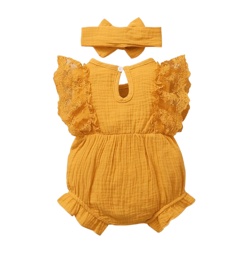 The Ollie - Newborn Baby Girl Lace Flare Sleeve Bodysuit and Headband Summer Romper Set