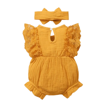 The Ollie - Newborn Baby Girl Lace Flare Sleeve Bodysuit and Headband Summer Romper Set