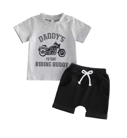 The Dominick - Toddler Baby Boy Summer Outfit – Motorcycle Letter Print Short Sleeve Tee + Elastic Shorts