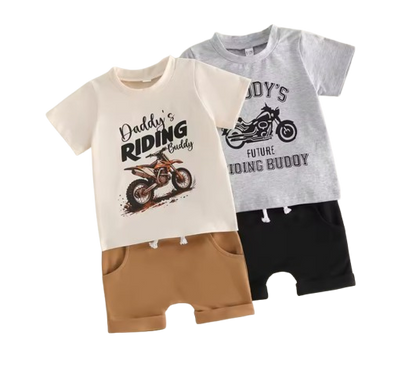 The Dominick - Toddler Baby Boy Summer Outfit – Motorcycle Letter Print Short Sleeve Tee + Elastic Shorts