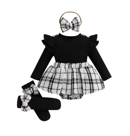 The Arlette - Newborn Baby Girl Spring/Fall Outfit – Long Sleeve Plaid Skirt Romper + Headband & Socks Set