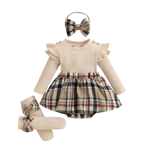 The Arlette - Newborn Baby Girl Spring/Fall Outfit – Long Sleeve Plaid Skirt Romper + Headband & Socks Set