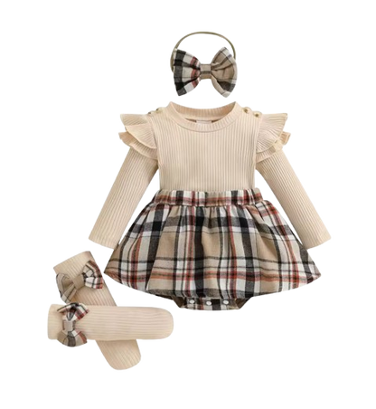 The Arlette - Newborn Baby Girl Spring/Fall Outfit – Long Sleeve Plaid Skirt Romper + Headband & Socks Set