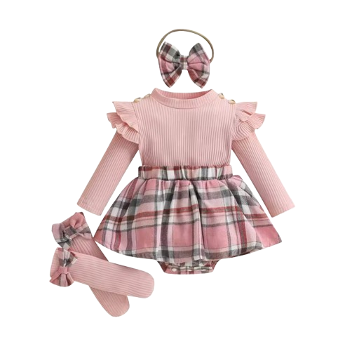 The Arlette - Newborn Baby Girl Spring/Fall Outfit – Long Sleeve Plaid Skirt Romper + Headband & Socks Set