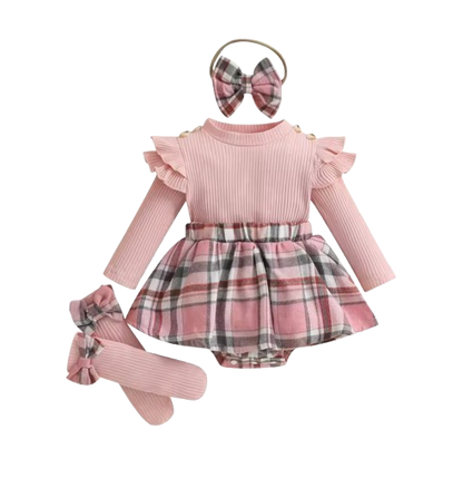 The Arlette - Newborn Baby Girl Spring/Fall Outfit – Long Sleeve Plaid Skirt Romper + Headband & Socks Set