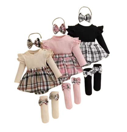 The Arlette - Newborn Baby Girl Spring/Fall Outfit – Long Sleeve Plaid Skirt Romper + Headband & Socks Set