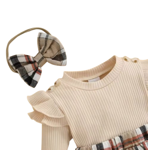 The Arlette - Newborn Baby Girl Spring/Fall Outfit – Long Sleeve Plaid Skirt Romper + Headband & Socks Set