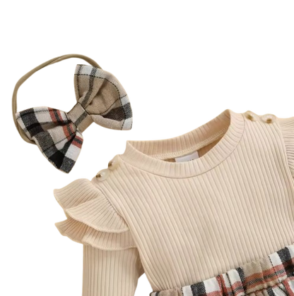 The Arlette - Newborn Baby Girl Spring/Fall Outfit – Long Sleeve Plaid Skirt Romper + Headband & Socks Set