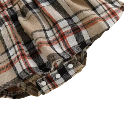 The Arlette - Newborn Baby Girl Spring/Fall Outfit – Long Sleeve Plaid Skirt Romper + Headband & Socks Set