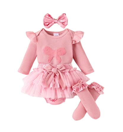 The Solana - Infant Baby Girl Spring Outfit – Pink Ribbon Long Sleeve Top & Pants 4‑Piece Clothing Set