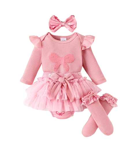 The Solana - Infant Baby Girl Spring Outfit – Pink Ribbon Long Sleeve Top & Pants 4‑Piece Clothing Set