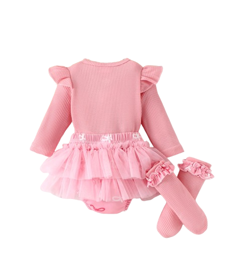 The Solana - Infant Baby Girl Spring Outfit – Pink Ribbon Long Sleeve Top & Pants 4‑Piece Clothing Set