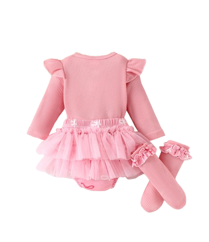 The Solana - Infant Baby Girl Spring Outfit – Pink Ribbon Long Sleeve Top & Pants 4‑Piece Clothing Set