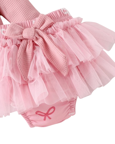 The Solana - Infant Baby Girl Spring Outfit – Pink Ribbon Long Sleeve Top & Pants 4‑Piece Clothing Set