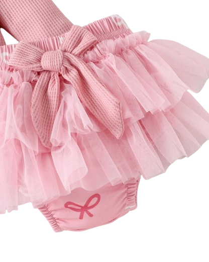 The Solana - Infant Baby Girl Spring Outfit – Pink Ribbon Long Sleeve Top & Pants 4‑Piece Clothing Set