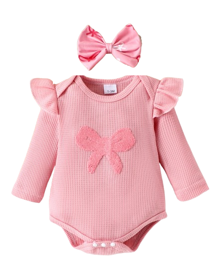 The Solana - Infant Baby Girl Spring Outfit – Pink Ribbon Long Sleeve Top & Pants 4‑Piece Clothing Set