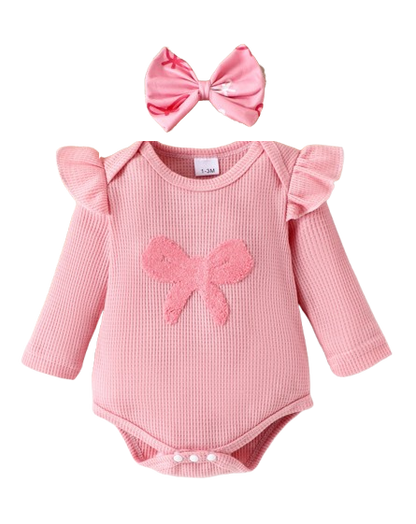 The Solana - Infant Baby Girl Spring Outfit – Pink Ribbon Long Sleeve Top & Pants 4‑Piece Clothing Set