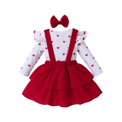 The Maxine - Infant Baby Girl Spring Outfit – Heart & Polka Dot Long Sleeve Romper + Suspender Skirt & Headband (3Pcs)