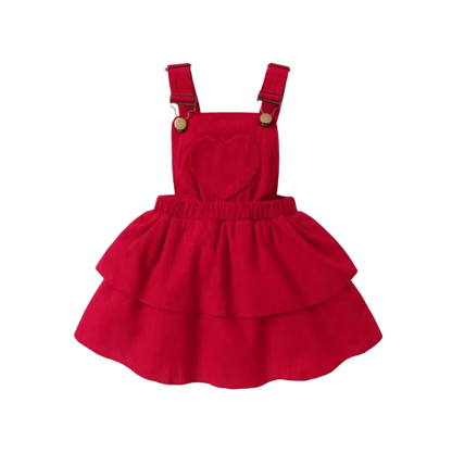 The Maxine - Infant Baby Girl Spring Outfit – Heart & Polka Dot Long Sleeve Romper + Suspender Skirt & Headband (3Pcs)