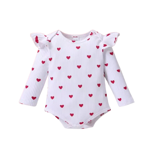 The Maxine - Infant Baby Girl Spring Outfit – Heart & Polka Dot Long Sleeve Romper + Suspender Skirt & Headband (3Pcs)