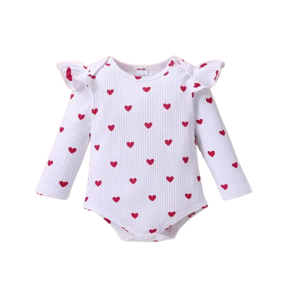 The Maxine - Infant Baby Girl Spring Outfit – Heart & Polka Dot Long Sleeve Romper + Suspender Skirt & Headband (3Pcs)