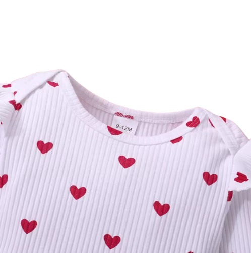 The Maxine - Infant Baby Girl Spring Outfit – Heart & Polka Dot Long Sleeve Romper + Suspender Skirt & Headband (3Pcs)