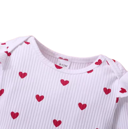 The Maxine - Infant Baby Girl Spring Outfit – Heart & Polka Dot Long Sleeve Romper + Suspender Skirt & Headband (3Pcs)