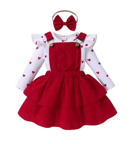 The Maxine - Infant Baby Girl Spring Outfit – Heart & Polka Dot Long Sleeve Romper + Suspender Skirt & Headband (3Pcs)