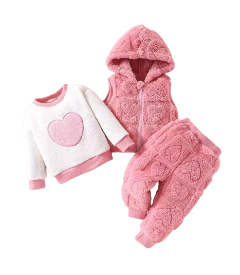 The Edith - Baby Girl 3‑Pcs Outfit – Jacquard Love Plush Hooded Vest + Plush Top & Pants Set