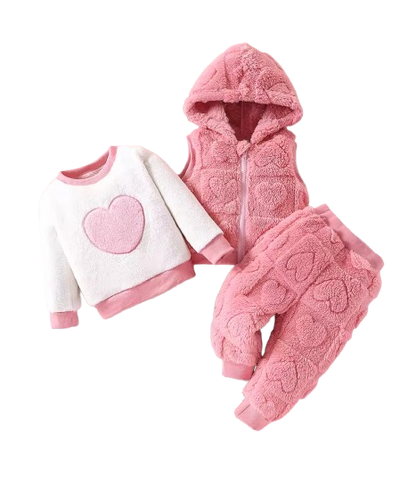 The Edith - Baby Girl 3‑Pcs Outfit – Jacquard Love Plush Hooded Vest + Plush Top & Pants Set