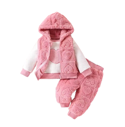 The Edith - Baby Girl 3‑Pcs Outfit – Jacquard Love Plush Hooded Vest + Plush Top & Pants Set