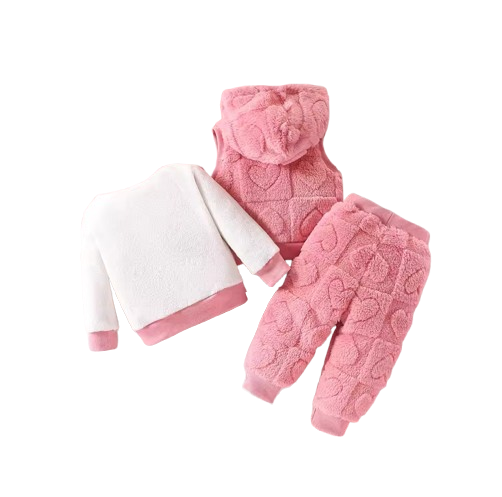 The Edith - Baby Girl 3‑Pcs Outfit – Jacquard Love Plush Hooded Vest + Plush Top & Pants Set