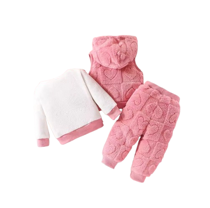 The Edith - Baby Girl 3‑Pcs Outfit – Jacquard Love Plush Hooded Vest + Plush Top & Pants Set