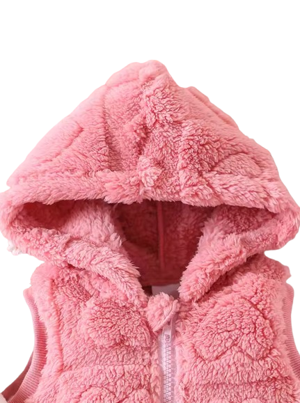 The Edith - Baby Girl 3‑Pcs Outfit – Jacquard Love Plush Hooded Vest + Plush Top & Pants Set