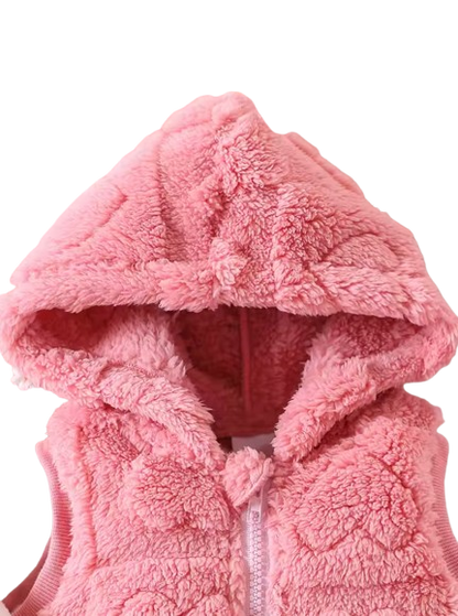 The Edith - Baby Girl 3‑Pcs Outfit – Jacquard Love Plush Hooded Vest + Plush Top & Pants Set