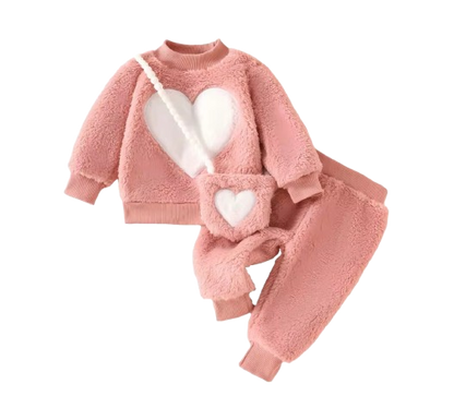 The Bianca - Baby Girl Winter Clothes – Cute Fuzzy Heart Embroidery Long Sleeve & Pants 3‑Piece Outfit