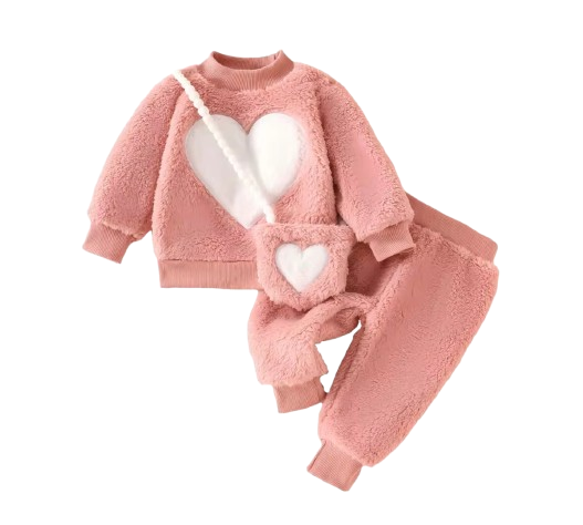 The Bianca - Baby Girl Winter Clothes – Cute Fuzzy Heart Embroidery Long Sleeve & Pants 3‑Piece Outfit