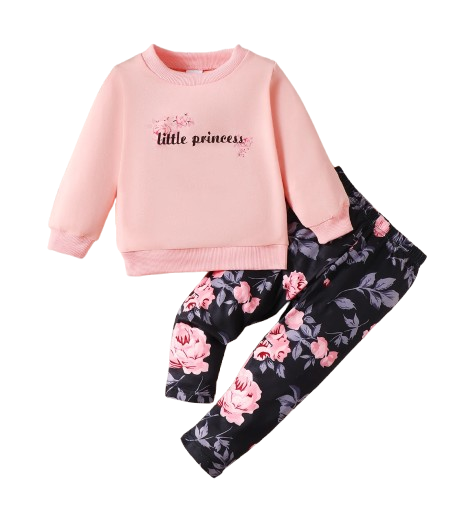 The Mae -  Baby Girl Pink Letter Pullover & Floral Slim Pants Spring Autumn Fashion 2Pcs