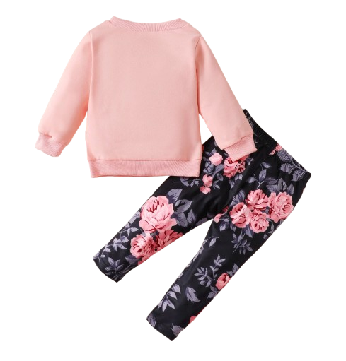The Mae -  Baby Girl Pink Letter Pullover & Floral Slim Pants Spring Autumn Fashion 2Pcs