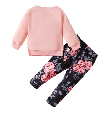 The Mae -  Baby Girl Pink Letter Pullover & Floral Slim Pants Spring Autumn Fashion 2Pcs