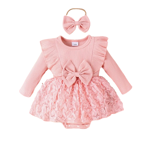The Emely - Baby Girl Autumn Outfit Round Collar Romper + Flower Skirt & Bow Headband 2Pcs