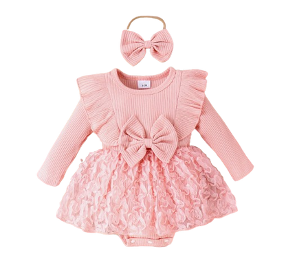 The Emely - Baby Girl Autumn Outfit Round Collar Romper + Flower Skirt & Bow Headband 2Pcs