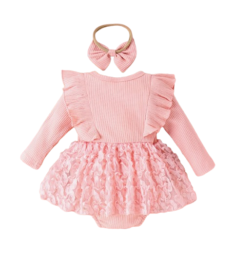 The Emely - Baby Girl Autumn Outfit Round Collar Romper + Flower Skirt & Bow Headband 2Pcs