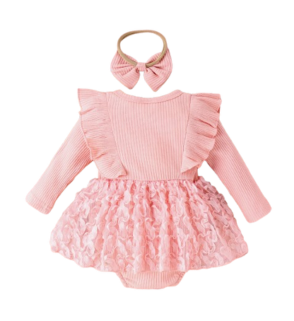 The Emely - Baby Girl Autumn Outfit Round Collar Romper + Flower Skirt & Bow Headband 2Pcs