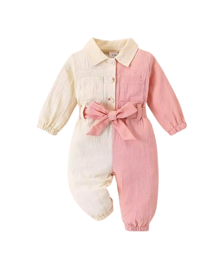 The Nylah - Baby Girl Color Block Long Sleeve Jumpsuit with Lapel Collar, Button Front Closure, Waist Bow Tie & Patch Pockets