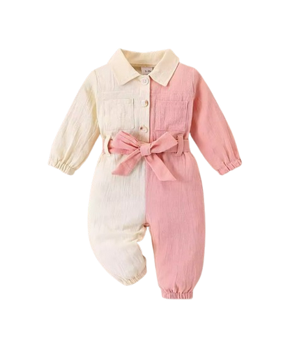 The Nylah - Baby Girl Color Block Long Sleeve Jumpsuit with Lapel Collar, Button Front Closure, Waist Bow Tie & Patch Pockets